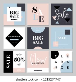 A set of nine editable square templates for social media posts in pastel pink, baby blue, gray and black. Fashion and lifestyle blog templates, web banners, brochure designs with placeholder for photo