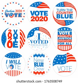 Set of nine Election campaign badges in United States of America patriotic flag colors for 2020 on an isolated white background