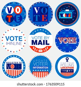 Set of nine Election campaign badges in United States of America patriotic colors for 2020 on an isolated grey background