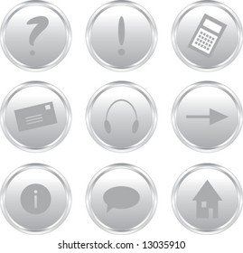 Set of nine elegant circle-shaped silver website buttons with typical internet/website icons (vector)