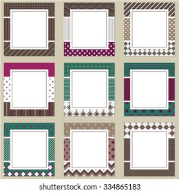 Set of nine elegant gift tags. Geometric patterns brown green purple design.