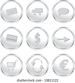 Set of nine elegant silver website buttons (circle-shaped) suitable for web shop / e-commerce purposes (vector)