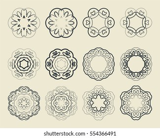 Set of nine elegant vintage round frames, elements. For business card, monogram, poster, logo, postcards, design, pattern. Vector illustration