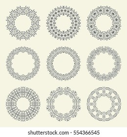 Set of nine elegant vintage round frames, elements. For business card, monogram, poster, logo, postcards, design, pattern. Vector illustration