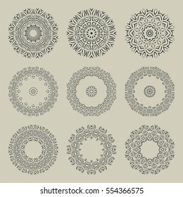 Set of nine elegant vintage round frames, elements. For business card, monogram, poster, logo, postcards, design, pattern. Vector illustration