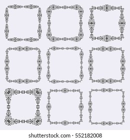 Set of nine elegant vintage square frames. Vector image.