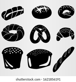 Set of nine elements of bakery products. Set for menus, cuisines and bakeries. Vector illustration.
