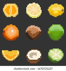 A set of nine elements of healthy food in the style of a small number of pixels, various fruits orange, lemon, coconut, lime and more. A set of illustrations for games and other various purposes.