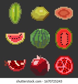 A set of nine elements of healthy food in the style of a small number of pixels, various fruits of pomegranates, avocado, watermelon and more . Vector illustration.