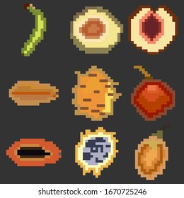 A set of nine elements of healthy food in the style of a small number of pixels, various fruits banana, peach, dragon and more. A set of illustrations for games and other various purposes.