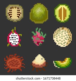 A set of nine elements of healthy food in the style of a small number of pixels, various fruits melon, guava, dragon, and more. A set of illustrations for games and other various purposes. 