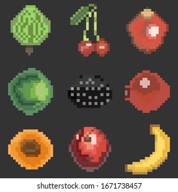 A set of nine elements of healthy food in the style of a small number of pixels, various fruits and berries: rosehip, cherry, strawberry, banana, and more. Vector illustration.