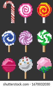 A set of nine elements of sweets in the style of a small number of pixels, various festive candies. Illustration set for games and other various purposes. Vector illustration.