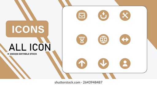 A set of nine essential icons in taupe circles, ideal for user interface design and web development projects.