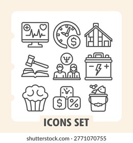 Set of nine essential line icons representing daily life, healthcare, law, sweets, time management and financial concepts on white background. Ideal for web, digital projects and print media