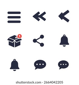 A set of nine essential user interface icons, including menu, back arrows, share, notification, and chat symbols.