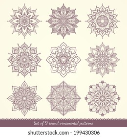 Set of nine ethnic ornamental floral patterns. Hand drawn mandalas. Lace circular ornaments. Vector illustration.