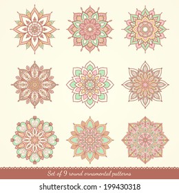 Set of nine ethnic ornamental floral patterns. Hand drawn mandalas. Lace circular ornaments. Vector illustration.