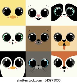 Set of nine faces of the animal babies. Depicts duck,rabbit,panda,cat,bear,dog,penguin,seal and fox.