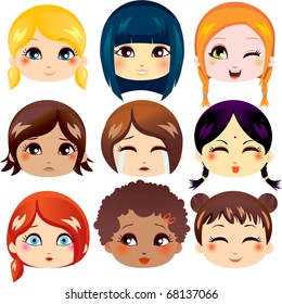 Set of nine facial expressions of cute girls from various ethnic groups