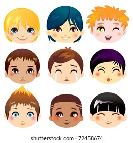 Set of nine facial expressions of little boys from various ethnic groups