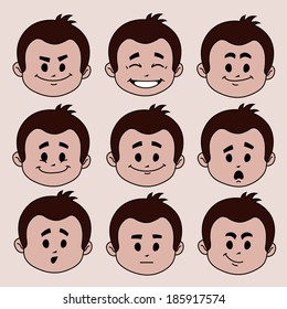 Set of nine facial expressions on beige background