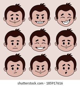 Set of nine facial expressions on beige background
