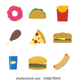 set of nine fast food in flat, vector