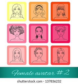 Set of nine female avatars, can be used on the website or forum. Vector illustration