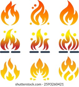 A set of nine fire flame icons with bold gradients in red, orange, and yellow. Designed for warning labels, safety signs, hazard symbols, and energy branding