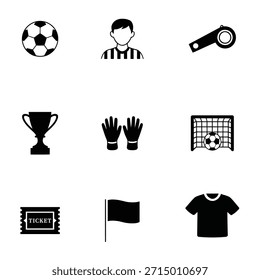 Satz von neun flachen schwarzen Silhouetten-Symbole, die verschiedene Fußball- und Fußball-Elemente wie Ball, Schiedsrichter, Pfeife, Trophäe, Handschuh, Tor, Ticket, Flagge und Trikot für Sport-Design.