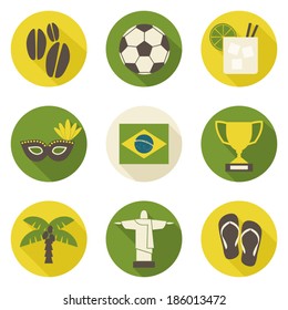 A set of nine flat design Brazil icons isolated on white background.