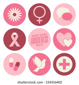 A set of nine flat design Breast Cancer Awareness icons isolated on white.