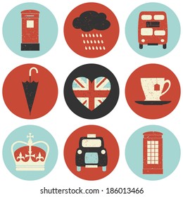 A set of nine flat design icons with London symbols isolated on white background.