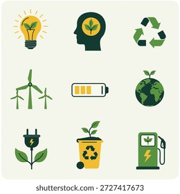Conjunto de nove ícones de design planos que representam conceitos de sustentabilidade, energia renovável, reciclagem e conservação ambiental.