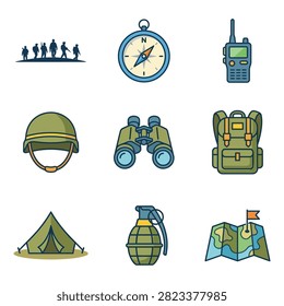 A set of nine flat design icons representing military and outdoor adventure equipment, including soldiers, a compass, radio, helmet, binoculars, backpack, tent, grenade, and map.
