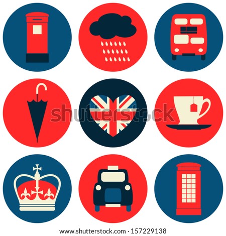 A set of nine flat design icons with London symbols isolated on white background.