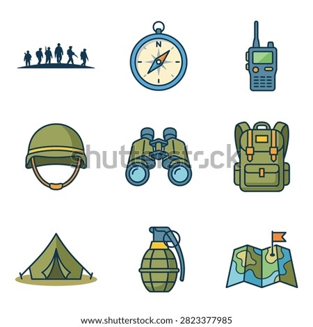 A set of nine flat design icons representing military and outdoor adventure equipment, including soldiers, a compass, radio, helmet, binoculars, backpack, tent, grenade, and map.
