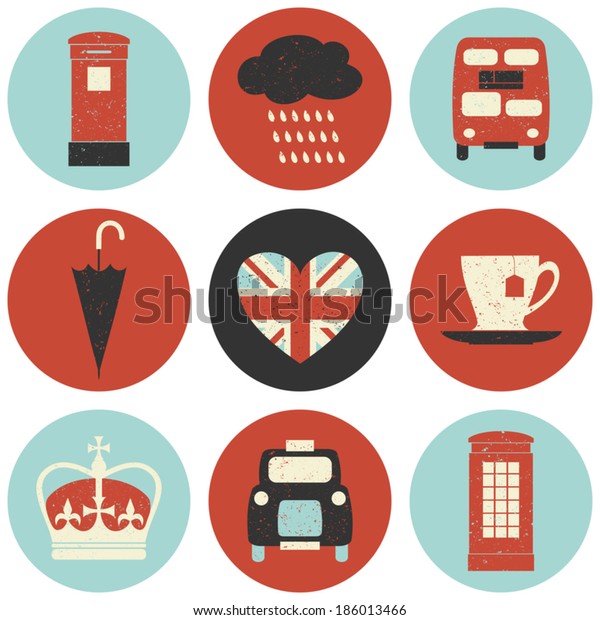 A set of nine flat design icons with London\
symbols isolated on white\
background.