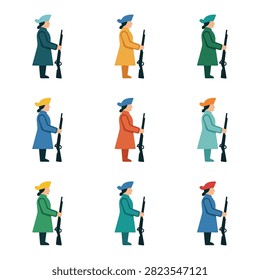 A set of nine flat design illustrations depicting a soldier from the Revolutionary War era, each in a different colored uniform and hat, holding a rifle.