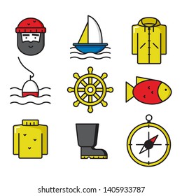 Set of nine flat fishing icons