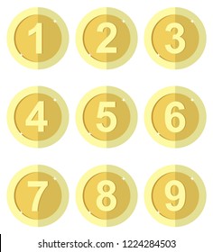 Set of Nine flat gold coins. Medal coins. 1,2,3,4,5,6,7,8,9. Badge. Point. Vector illustration isolated on white background. Editable elements and glare. Casino game. Rich. EPS 10