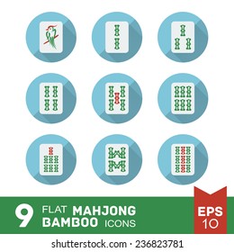 Set of nine flat mahjong (majiang) icons - bamboo (bam) tiles on light blue background with long shadow