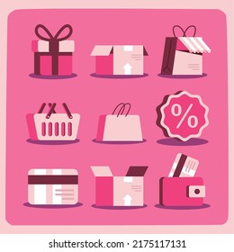 set of nine flat shopping items
