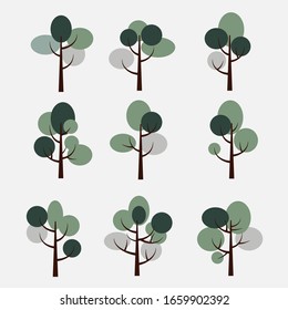 Set of nine flat trees in green tones. - Vector.