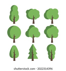 Set of nine flat trees in green tones Vector
