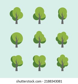 Set of nine flat trees in green tones