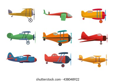 Set of  nine flat vector airplanes for computer games isolated on white background. Vector 10 EPS illustration.