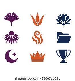 A set of nine flatdesign vector icons arranged in a grid, featuring symbols such as a tree, flame, lotus, flower, torch, book, crescent, crown, and trophy in purple, orange, and blue tones.
