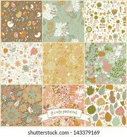 Set of nine floral vintage seamless patterns with birds and butterflies. Retro vector backgrounds. Seamless texture can be used for wallpapers, pattern fills, web page backgrounds, surface textures.